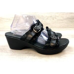 Dansko Black Strappy Wedge Sandals with Buckle Accents